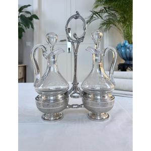 Silver-plated Metal Oil And Vinegar Set - Hand-blown Glass Cruets With Engraved Decoration