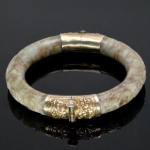 Antique Carved Brown Jade Bracelet Vermeil Setting