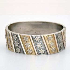 Opening Bangle Bracelet In Silver And Vermeil Flowers, 1900s
