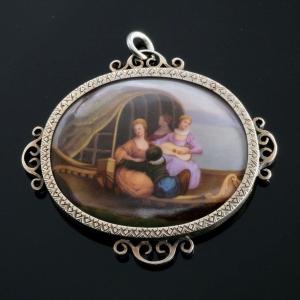 Miniature Enamel And Silver Pendant Ladies With Moorish Page Mid 19th Century