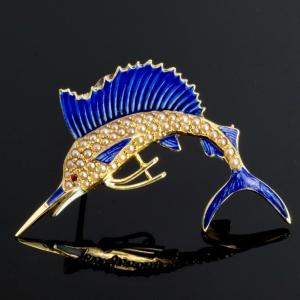 Gold Enamel Pearl Swordfish Pendant Brooch Art Deco Period