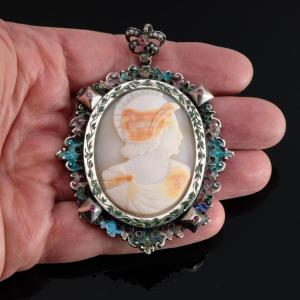 Austro-hungarian Pendant Silver, Enamels, Cameo 19th Century