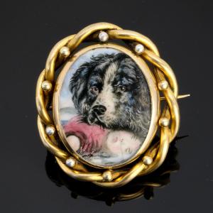 Victorian Pomponne Enamel Swivel Brooch Child Rescued By A Dog