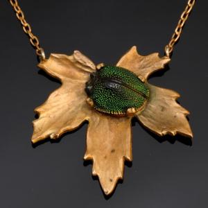 Naturalized Scarab On A Leaf Necklace, Bronze 1910