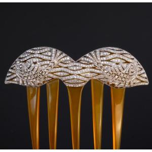 Art Deco Silver And Rhinestone Comb, Fish