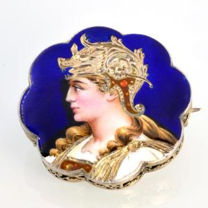 Vermeil Enamel Brooch, Helmeted Goddess Profile, 1880