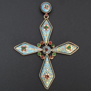 19th Century Pendant Cross In Vermeil And Bressans Enamel