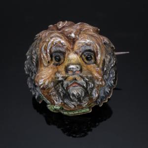 Animal Brooch, Dog Head, Silver Polychrome 19th Century