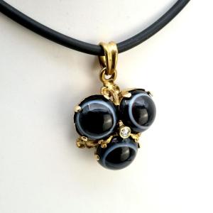 Victorian Bull's Eye Banded Agate Medallion, Gold, Diamond, 19th Century