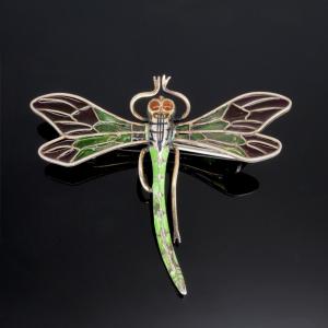 1900s Dragonfly Brooch, Plique-à-jour Enamel On Silver