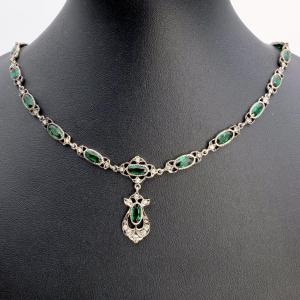 Silver Rivière Necklace With Green And Sparkling Crystals, 19th Century