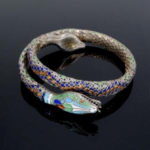 Art Deco Style Silver Enamel Snake Bracelet, Egyptomania