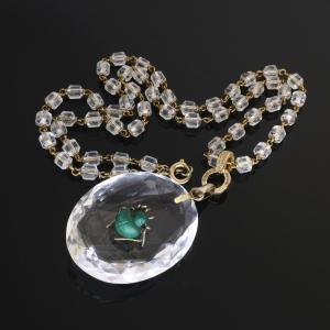 1920s Malachite Spider Pendant Necklace On Faceted Crystal