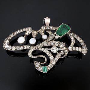 1900 Art Nouveau Brooch/pendant In Silver With White And Emerald Green Crystals