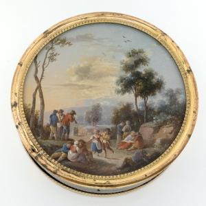 18th Century Box With Tortoiseshell Decoration Depicting A Village Dance, Fixed Under Elusive Glass.