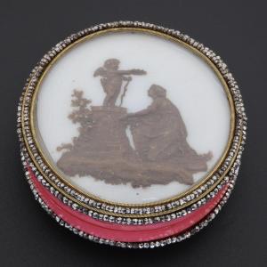 18th Century Ivory Box, Bas-relief Wax, Cupid, Steel Beads