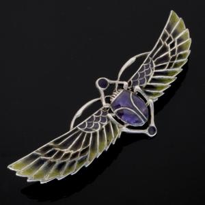 Winged Scarab Brooch, Plique-à-jour Style, And Silver, Egyptomania Period, Circa 1900