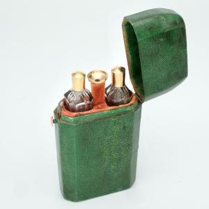 Shagreen Perfume Set With Two Crystal And Gold Bottles And A Funnel, 18th Century