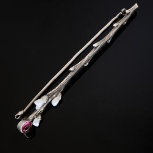 Art Nouveau Silver Branch Brooch With Garnet And Pearls By Martin Mayer