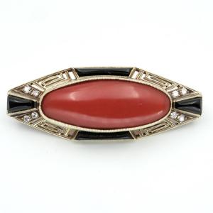 Art Deco Gold, Coral, Diamonds And Onyx Brooch From The 20s
