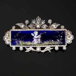 Napoleon III Brooch: Musician Cherub, Silver, Enamel, And Pearls