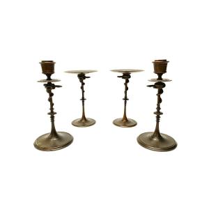 Double Pair Of Snake Decorated Bronze Candlesticks And Pair Of Tazzas By Ferdinand Barbedienne