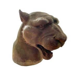 Large Jaguar Or Panther Head In Cast Iron From The Early 20th Century