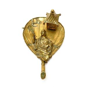 19th “japanesque” Inkwell In Gilt Bronze In Shape Of A Fan, Taste Of Maison Escalier De Cristal