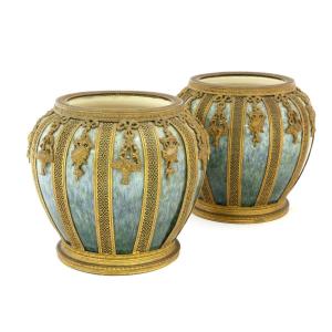Sèvres, Pair Of 19th Century Gilt Bronze Mounted Earthenware Vases Or Jardinieres