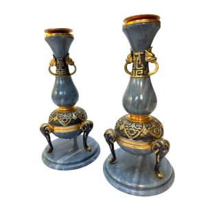 Pair Of Orientalist Candlesticks, Barbedienne, France, Late 19th Century, In Blue Turquin Marble And Bronze