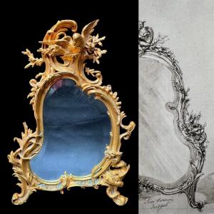 19th Century Rocaille Mirror In Gilt Bronze With Dragon And Dove Of Love Figures, Léon Messagé