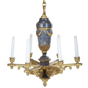 French 19th Century, Louis XVI Style Chandelier In Grey (bleu Turquin) Marble And Gilt Bronze