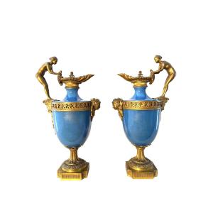 A Pair Of Gilt-bronze-mounted Turquoise Porcelain Ewers In The Manner Of Pierre gouthière