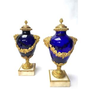 A Pair Of Louis XVI Ormolu-mounted And Cobalt Glass Vases