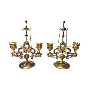  Pair Of  French 19th Century Enamel And Gilt Bronze “butterfly” Candelabras By F. Barbedienne