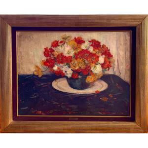 Hubert Glansdorff (1877-1963). Oil On Canvas. Bouquet Of Yellow, Orange And White Anemones
