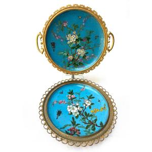 Andre-fernand Thesmar And Barbedienne, Two Gilt Bronze And Cloisonné Enamel Dishes, Circa 1880