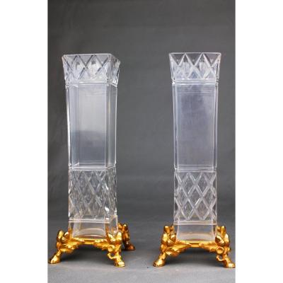 Pair Of Crystal And Gilt Bronze Vases By Baccarat, Paris