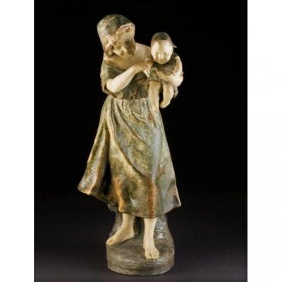 Richard Aurili (italy, 1834 - 1914), Terracotta Of A Young Woman And Her Child
