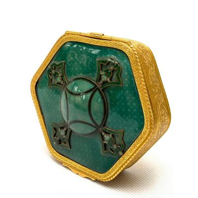 Small Hexagonal Box In Gilt Bronze And Green Enamel, Circa 1880