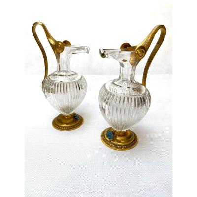 A Pair Of 19th Century Etruscan Style Gilt Bronze And Crystal Glass Ewers