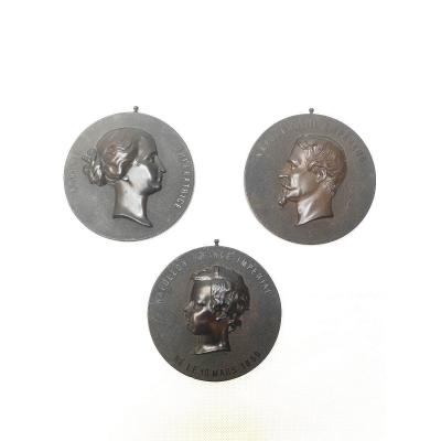 Three medallions in "hardened wood" (Bois Durci) representing the portraits in relief of Napoleon III Emperor, Eugenie Empress and Napoleon Prince, attributed to Francois Lepage