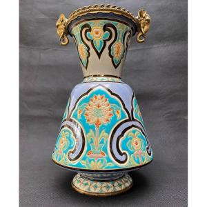 French Mid-19th Century Orientalist Vase In Earthenware By Montereau With Bronze Mounts