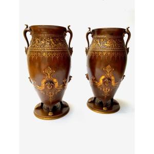 Ferdinand Levillain, Pair Of Patinated And Parcel-gilded Bronze Vases In The Antiquity Style