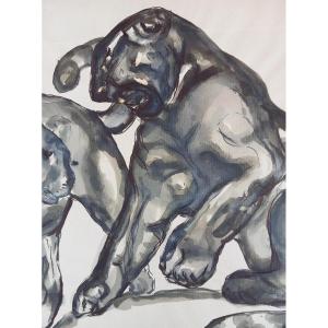 The Two Panthers, Ink And Watercolor 20th Century Folowing Paul Jouve 