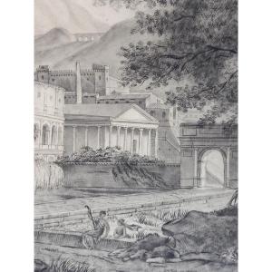 Pencil Drawing Architectural Caprice And Italian Landscape 1812 19th Century Student Military Academy  