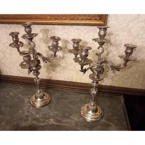 Large Pair Of Louis XV Style Silver Metal Candelabras