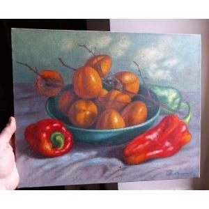Still Life "kakis And Peppers" Charles Jean Renaud Albi Oil On Canvas
