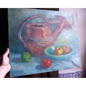 Still Life "apples And Copper Watering Can" Charles Jean Renaud Albi Oil On Canvas