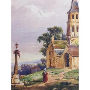Laure Houssaye De Léoménil Ink And Wash Drawing Church And Village Houses Mid-19th Century